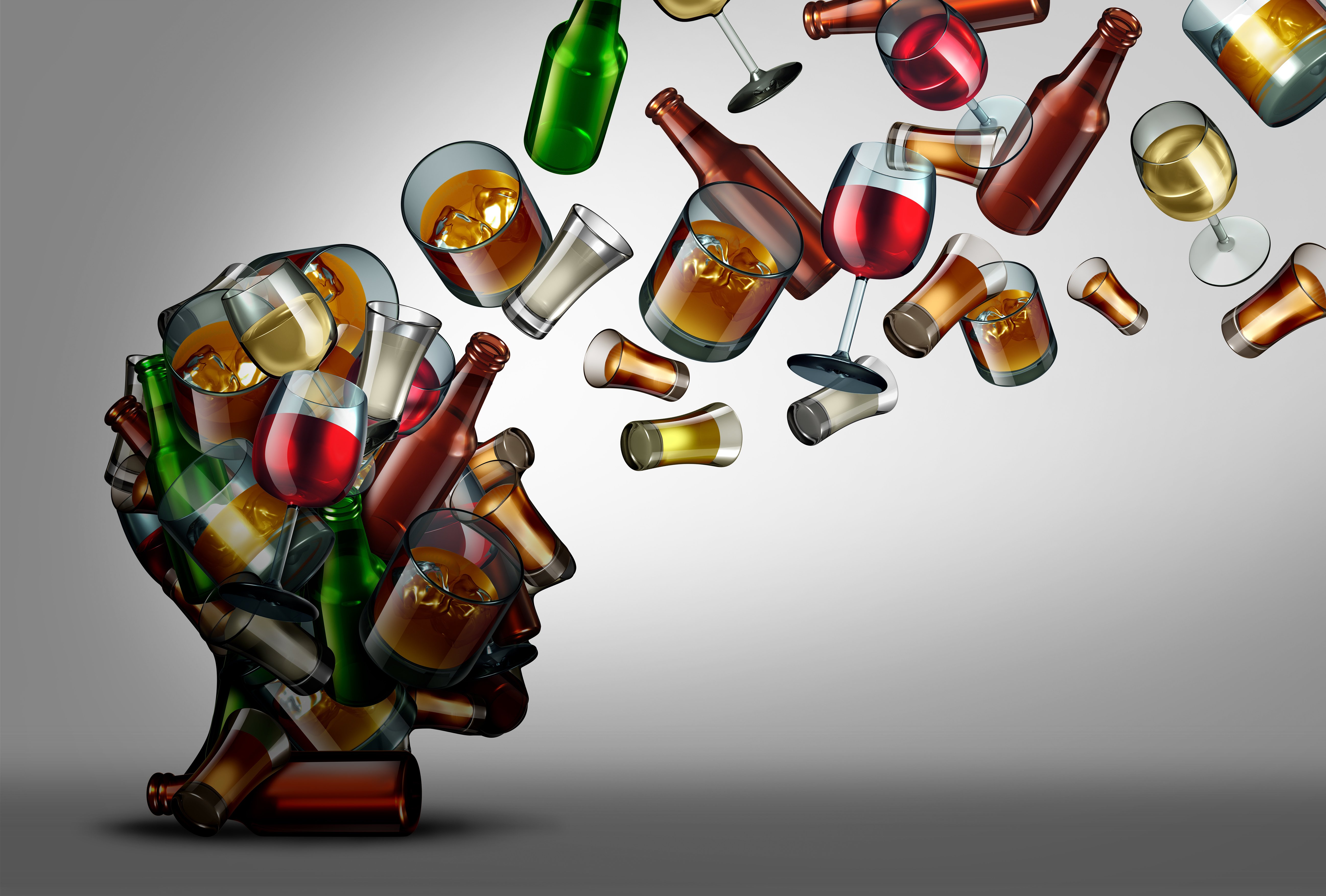 illustration of a head filled with wine glasses and beer bottles